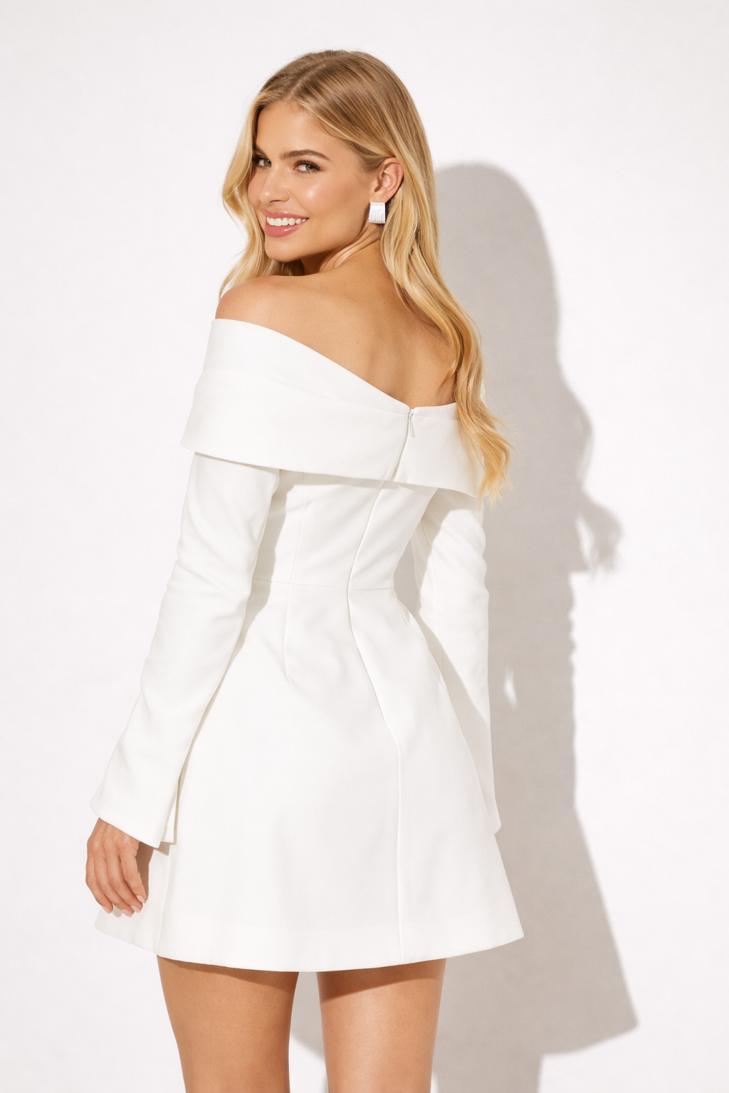 NOVA | Women’s Off Shoulder White Mini Dress – Long Sleeve A-Line Button Detail Dress
