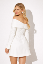 NOVA | Women’s Off Shoulder White Mini Dress – Long Sleeve A-Line Button Detail Dress