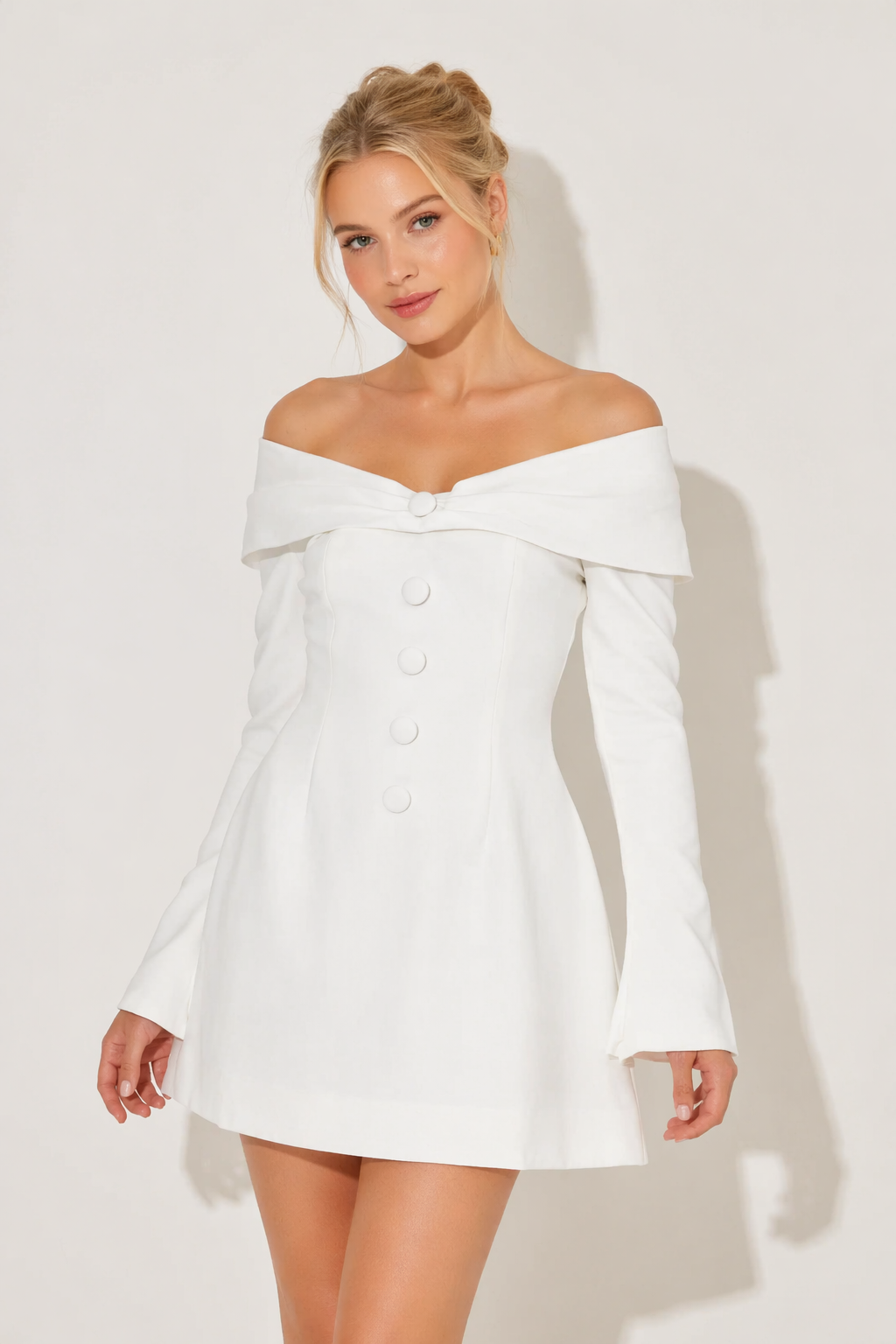 NOVA | Women’s Off Shoulder White Mini Dress – Long Sleeve A-Line Button Detail Dress