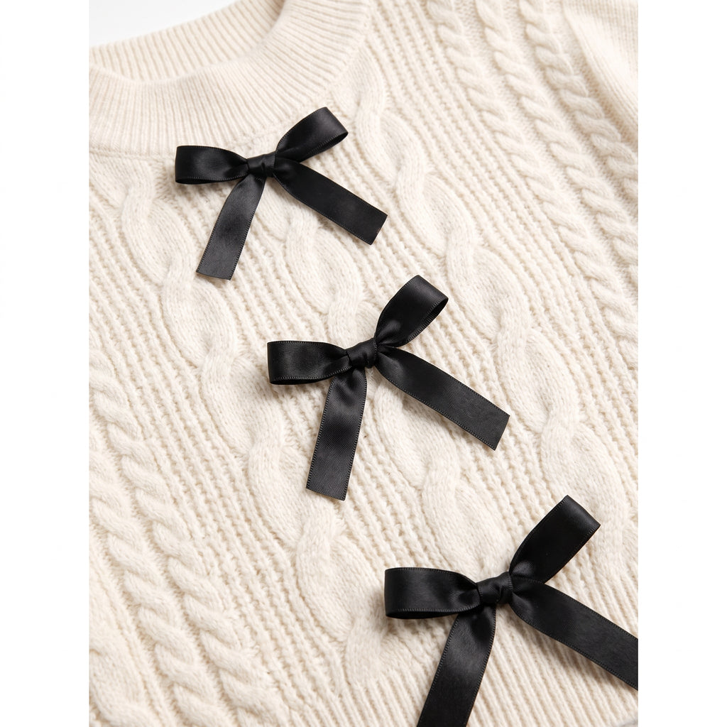 Women's Cable Knit Sweater Long Sleeve Pullover With Bow Details - detail