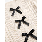 Women's Cable Knit Sweater Long Sleeve Pullover With Bow Details - detail