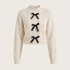 Women's Cable Knit Sweater Long Sleeve Pullover With Bow Details - hero