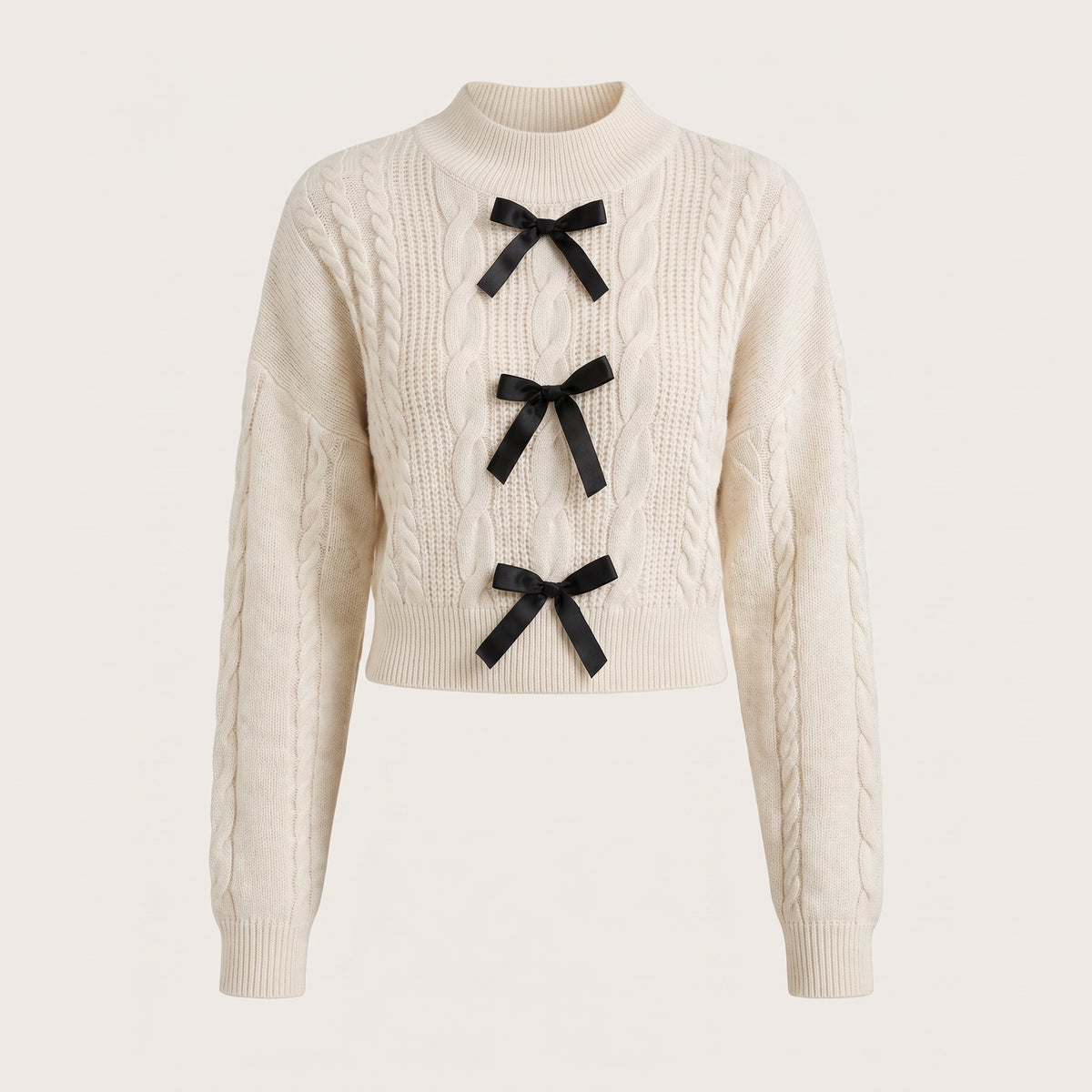 Women's Cable Knit Sweater Long Sleeve Pullover With Bow Details - hero