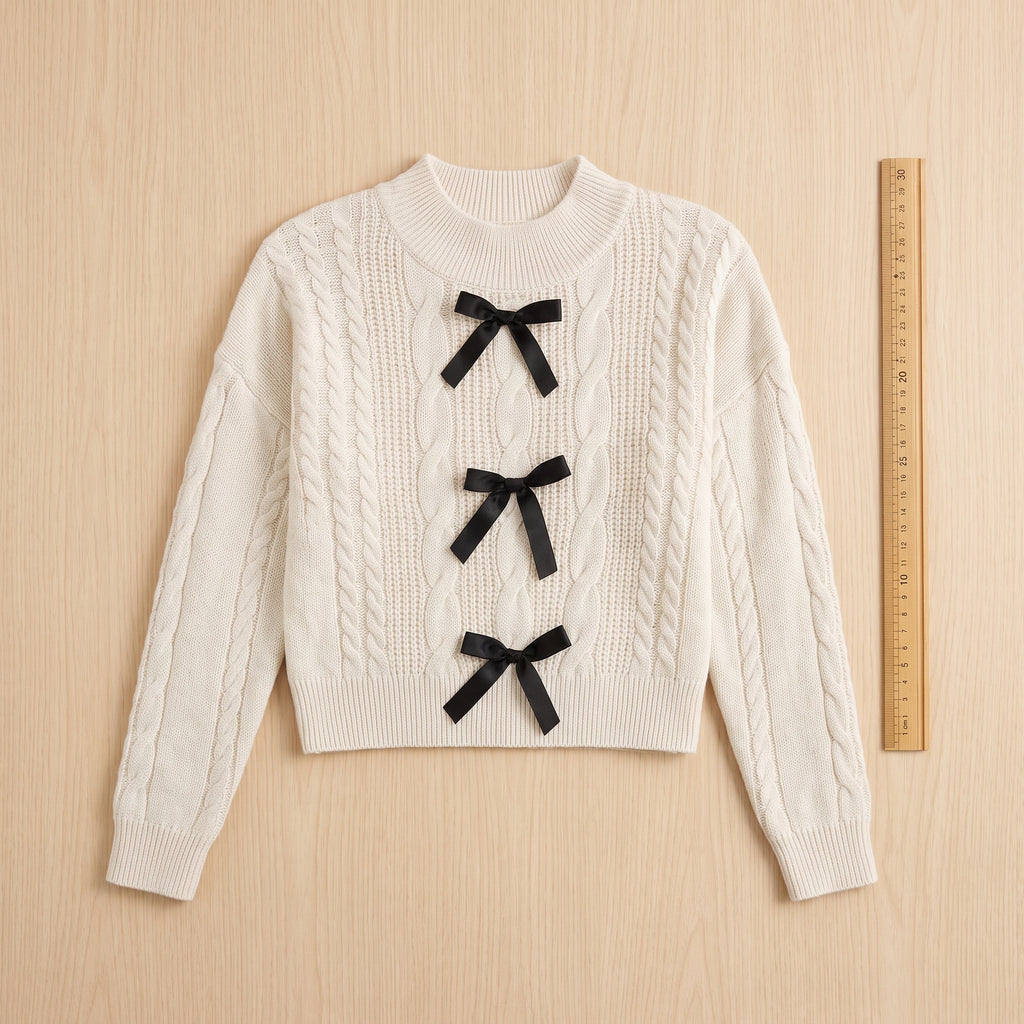 Women's Cable Knit Sweater Long Sleeve Pullover With Bow Details - scale