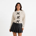 Women's Cable Knit Sweater Long Sleeve Pullover With Bow Details - studio