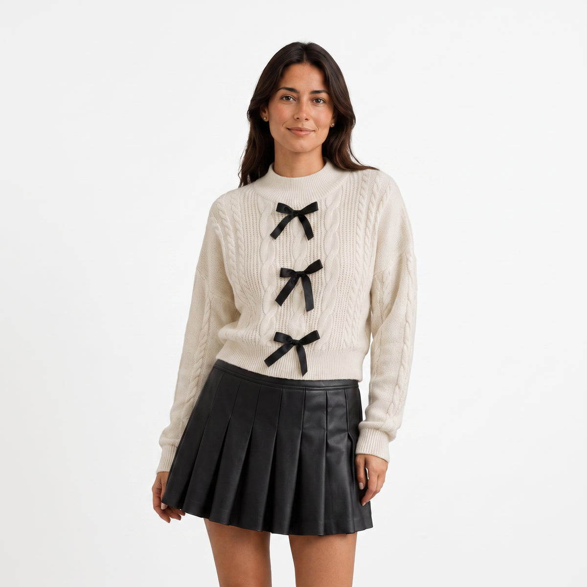 Women's Cable Knit Sweater Long Sleeve Pullover With Bow Details - studio