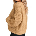 Women's Cardigan Chunky Knit V Neck Button Front Balloon Sleeves - angle