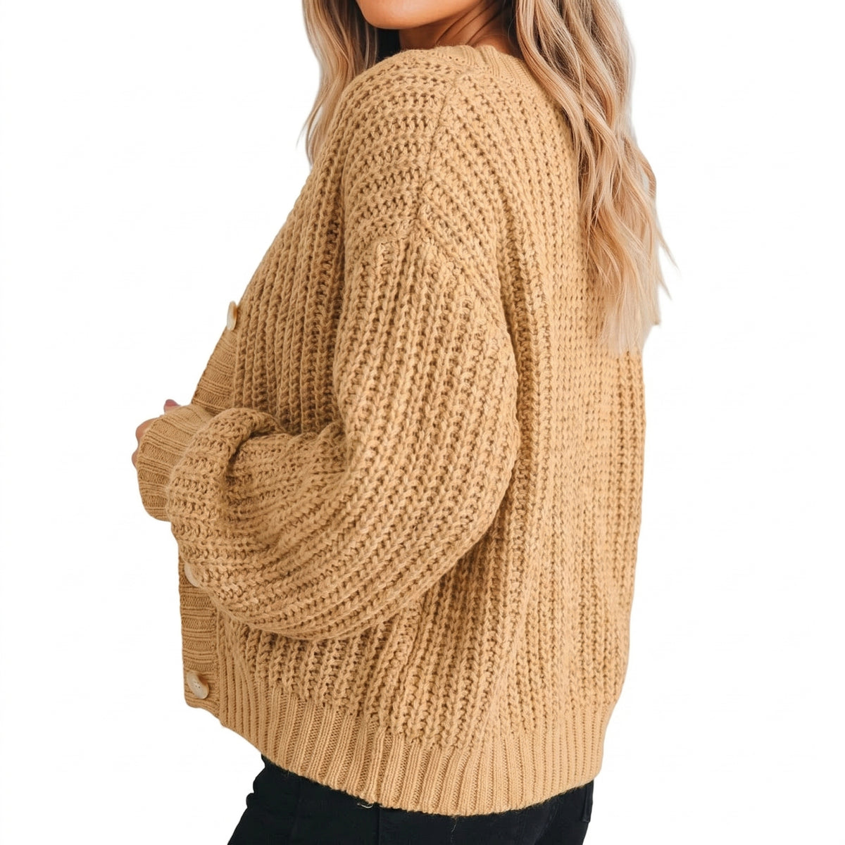 Women's Cardigan Chunky Knit V Neck Button Front Balloon Sleeves - angle