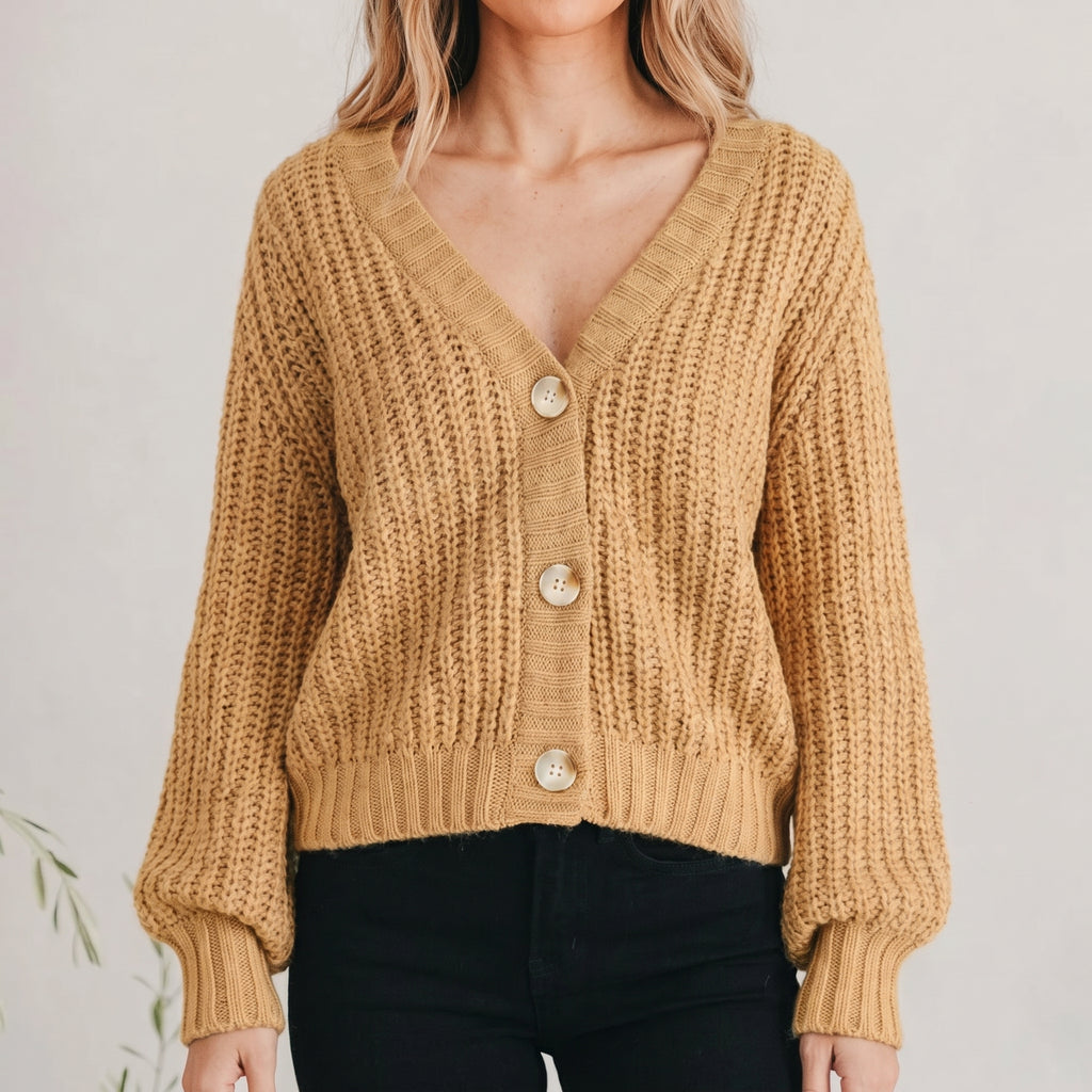 Women's Cardigan Chunky Knit V Neck Button Front Balloon Sleeves - hero