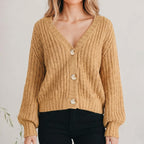Women's Cardigan Chunky Knit V Neck Button Front Balloon Sleeves - hero