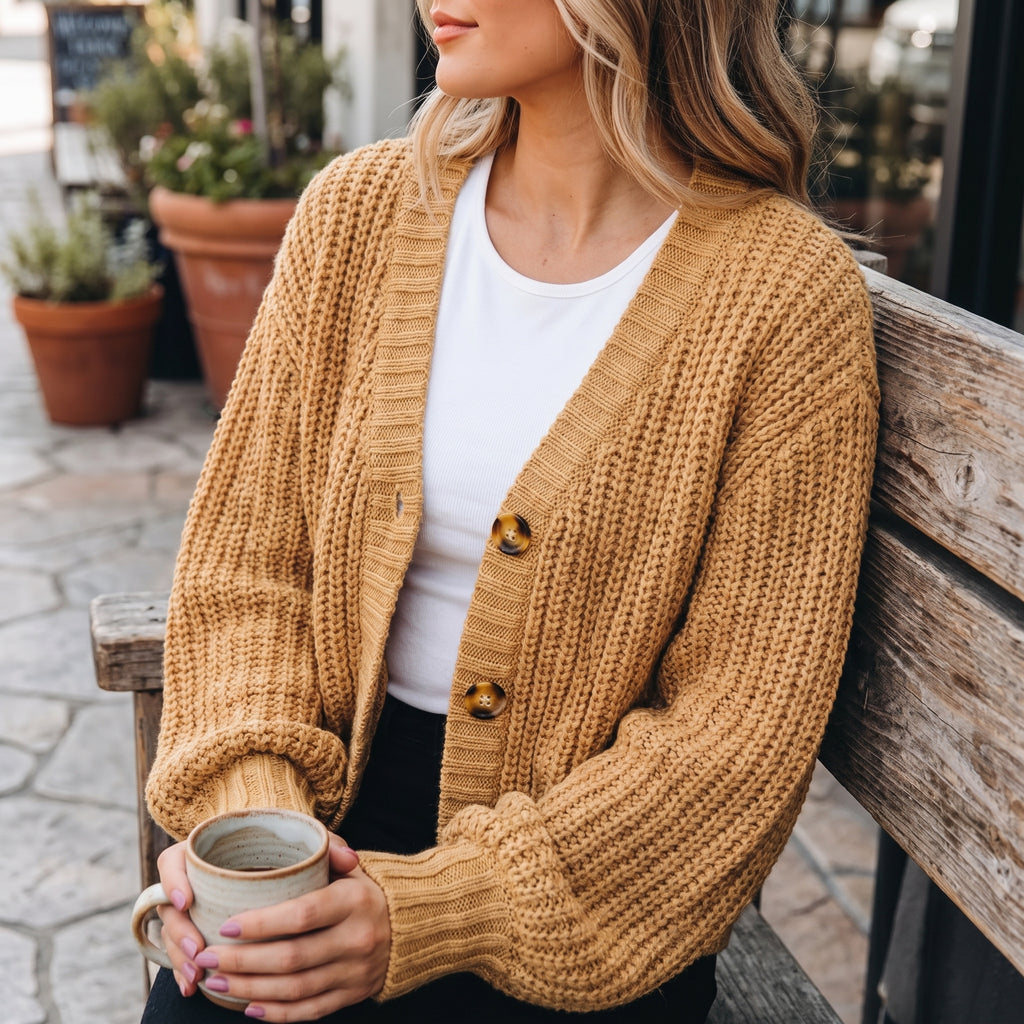Women's Cardigan Chunky Knit V Neck Button Front Balloon Sleeves - in-use