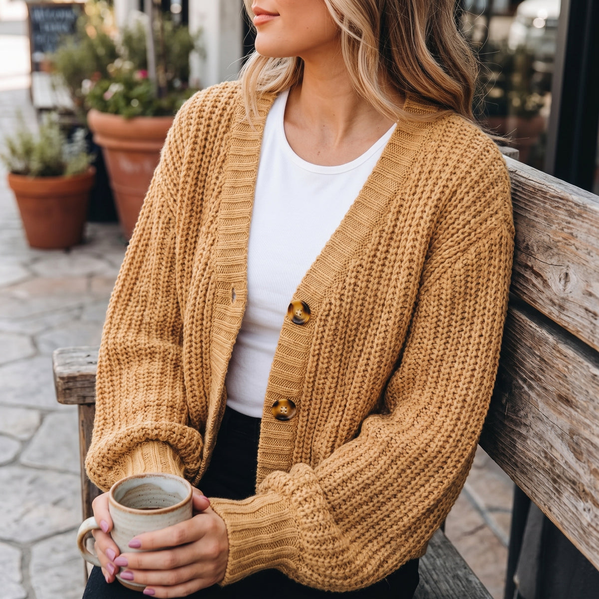Women's Cardigan Chunky Knit V Neck Button Front Balloon Sleeves - in-use