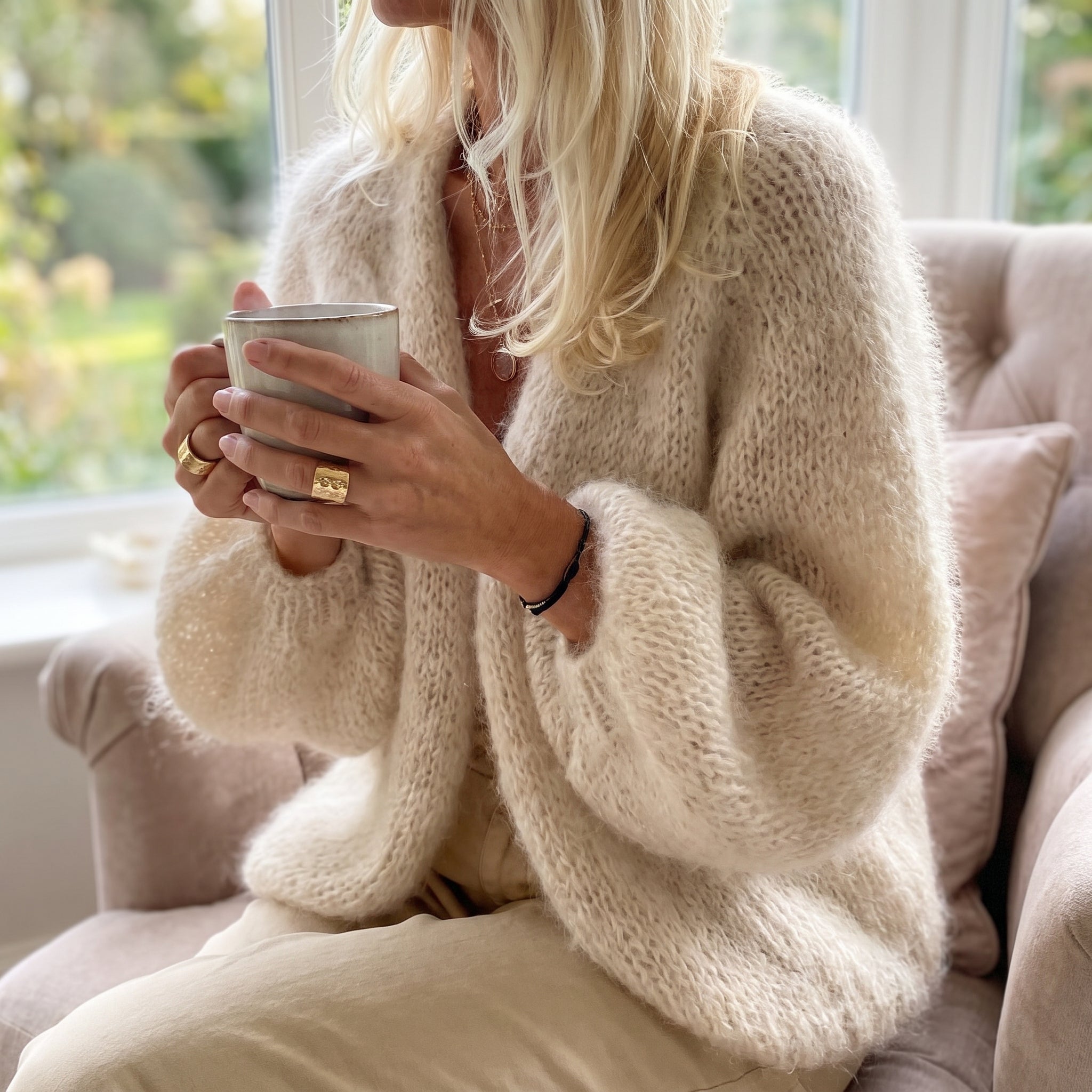 Women's Cardigan Open-Front Loose-Knit Long-Sleeved Fluffy Knit Sweater - in-use