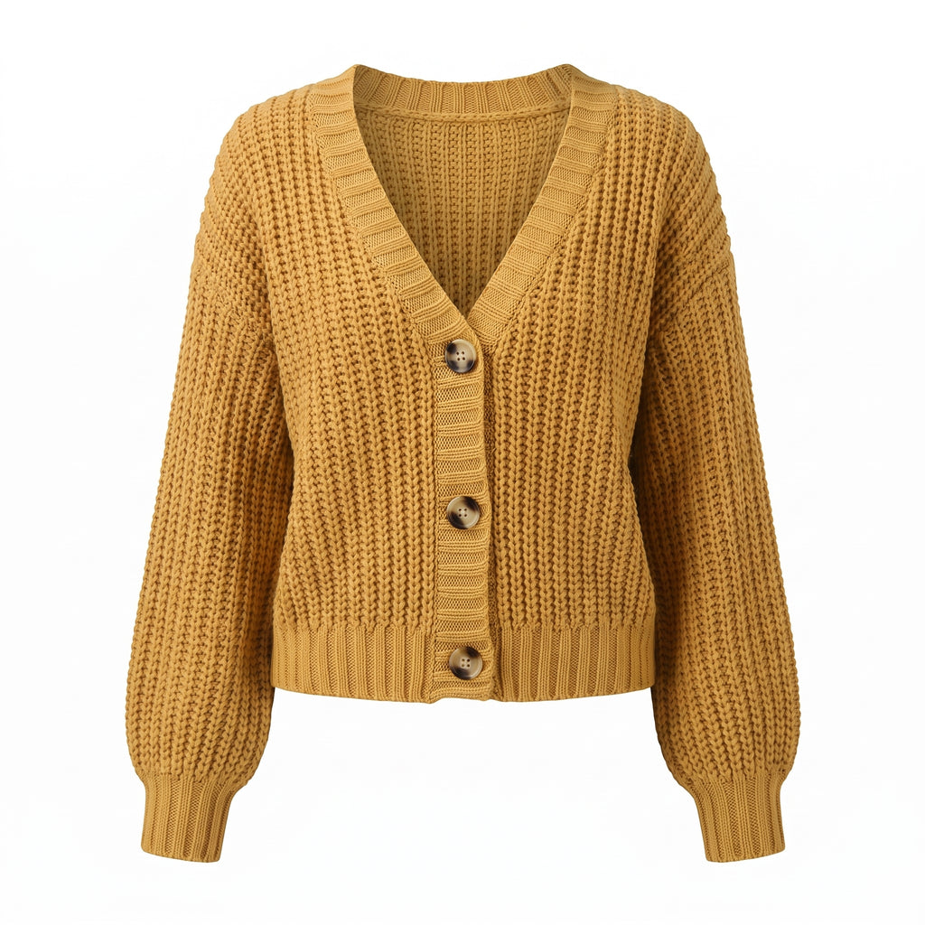 Women's Cardigan Chunky Knit V Neck Button Front Balloon Sleeves - studio