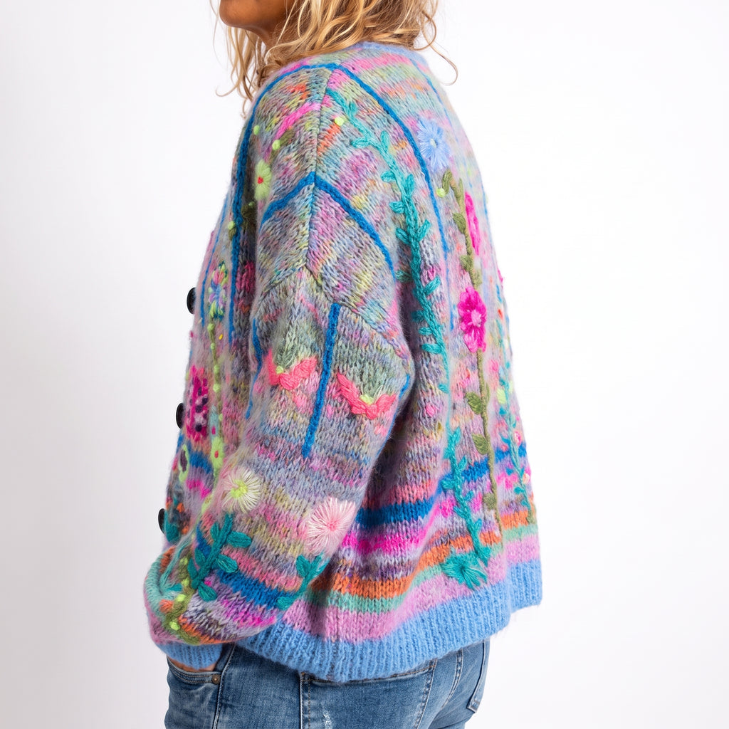 Women's Cardigan Sweater Slim Fit V-Neck Button-Front Floral Embroidered - angle
