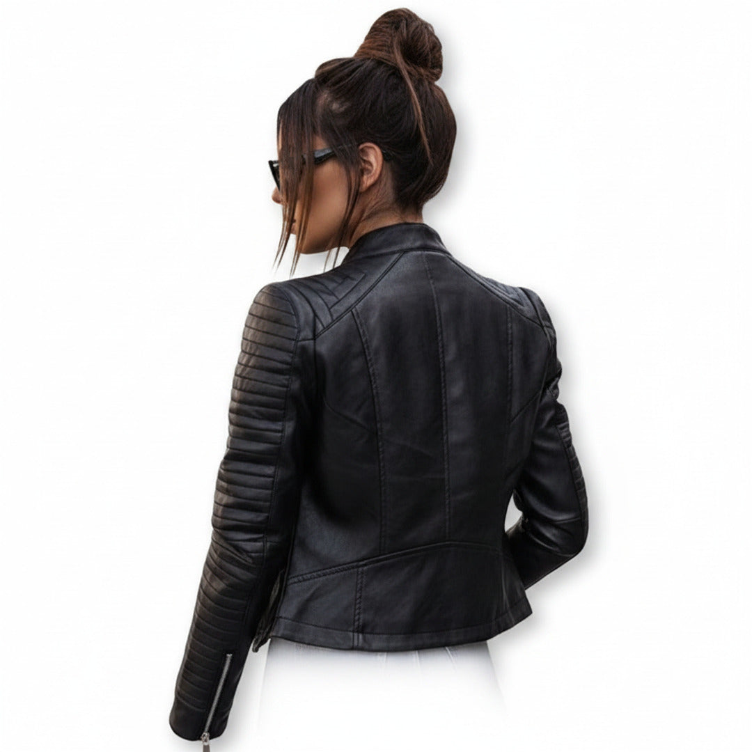 Women's Faux Leather Jacket With Quilted Sleeves And Front Zipper Tailored Silhouette For A Bold Biker Attitude - angle