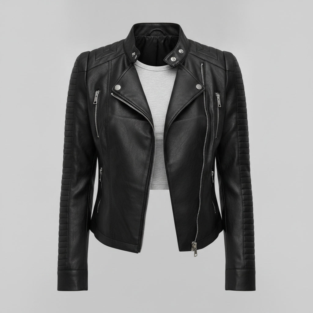 Women's Faux Leather Jacket With Quilted Sleeves And Front Zipper Tailored Silhouette For A Bold Biker Attitude - hero