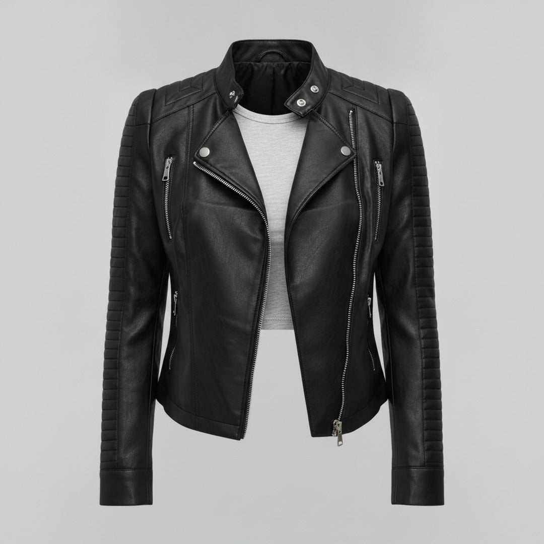 Women's Faux Leather Jacket With Quilted Sleeves And Front Zipper Tailored Silhouette For A Bold Biker Attitude - hero