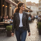 Women's Faux Leather Jacket With Quilted Sleeves And Front Zipper Tailored Silhouette For A Bold Biker Attitude - in-use