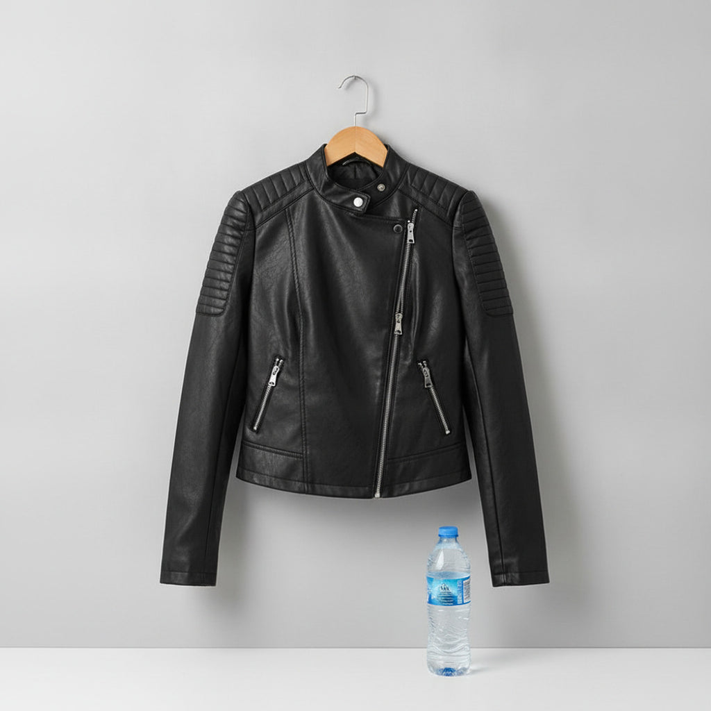 Women's Faux Leather Jacket With Quilted Sleeves And Front Zipper Tailored Silhouette For A Bold Biker Attitude - scale