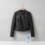 Women's Faux Leather Jacket With Quilted Sleeves And Front Zipper Tailored Silhouette For A Bold Biker Attitude - scale