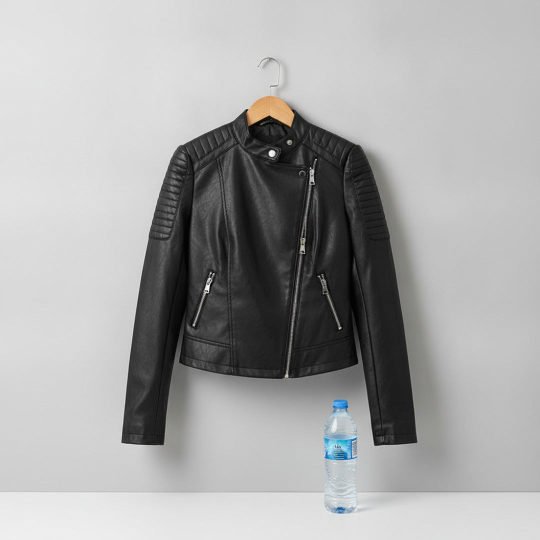 Women's Faux Leather Jacket With Quilted Sleeves And Front Zipper Tailored Silhouette For A Bold Biker Attitude - scale