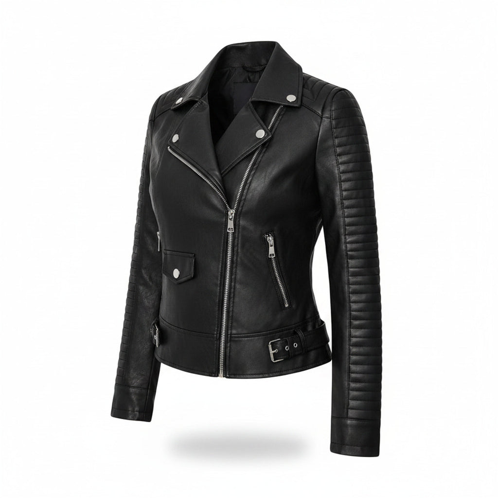 Women's Faux Leather Jacket With Quilted Sleeves And Front Zipper Tailored Silhouette For A Bold Biker Attitude - studio