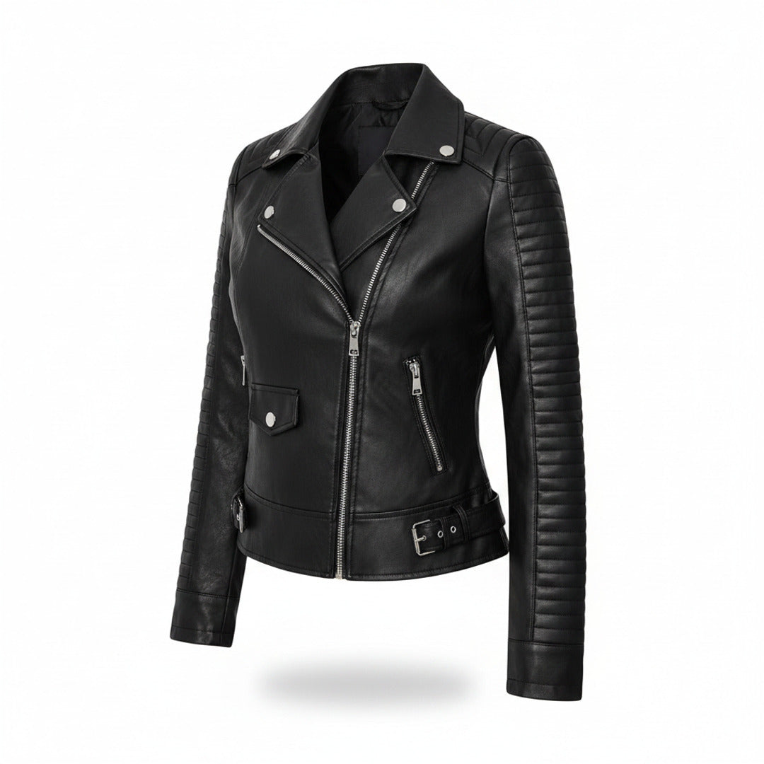 Women's Faux Leather Jacket With Quilted Sleeves And Front Zipper Tailored Silhouette For A Bold Biker Attitude - studio