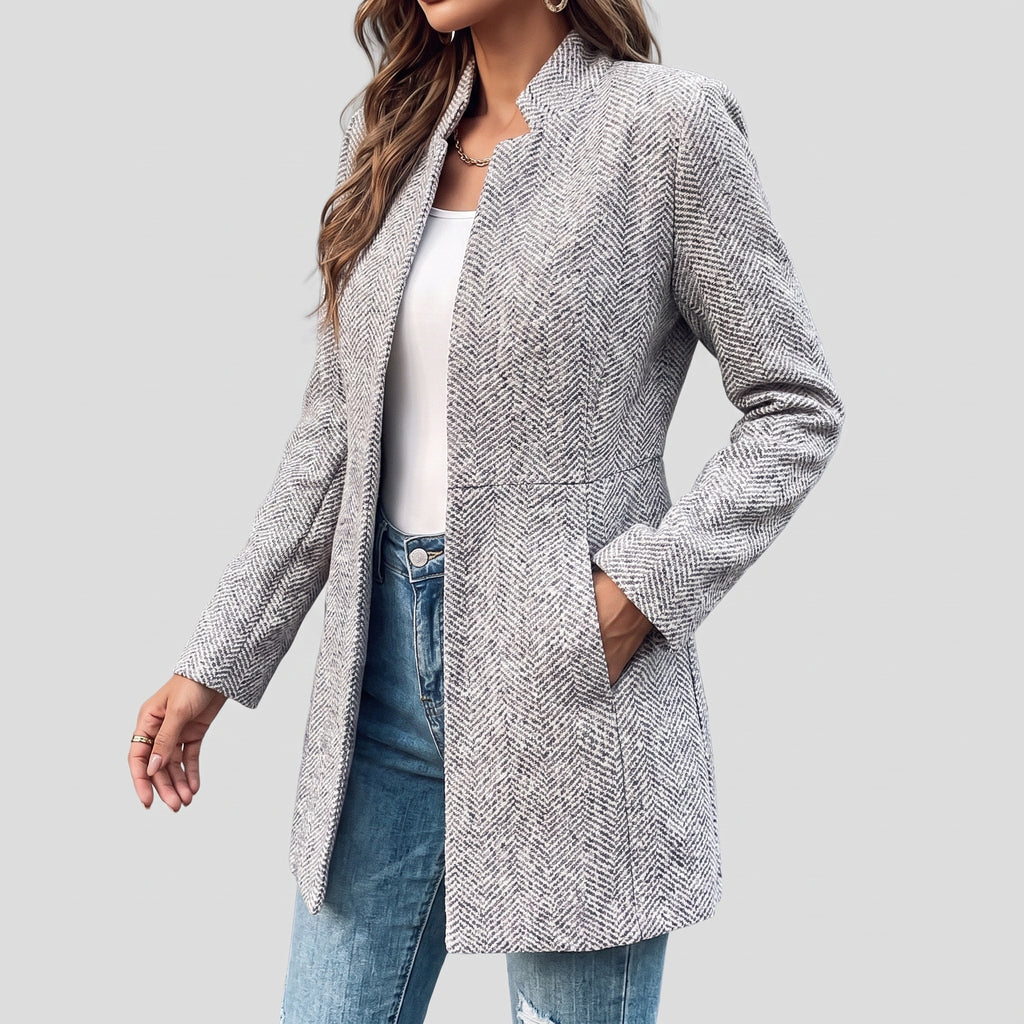 Women's Herringbone Blazer with Flattering Longline Fit and Notch Lapel - hero