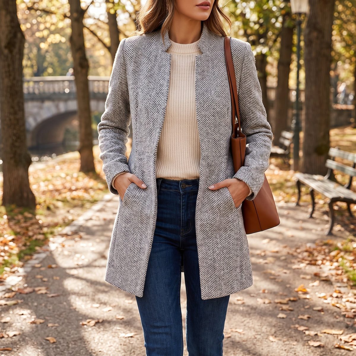 Women's Herringbone Blazer with Flattering Longline Fit and Notch Lapel - in-use