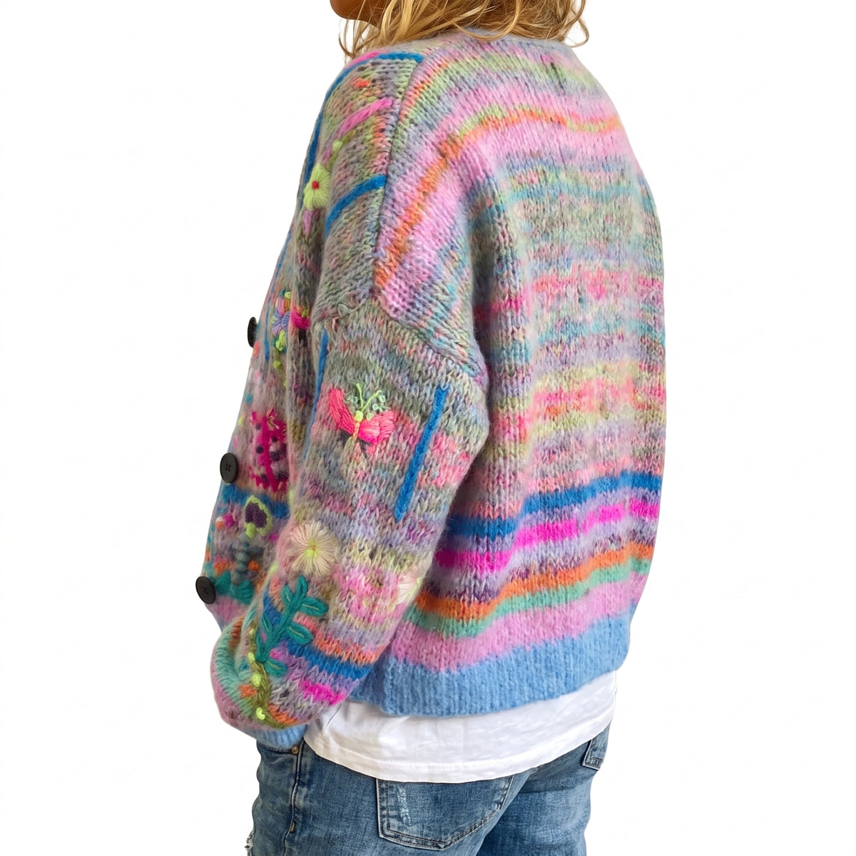 Women's Knit Cardigan V-Neck Button-Down Multicolor Floral Embroidered - angle