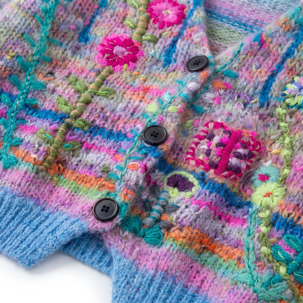 Women's Knit Cardigan V-Neck Button-Down Multicolor Floral Embroidered - detail