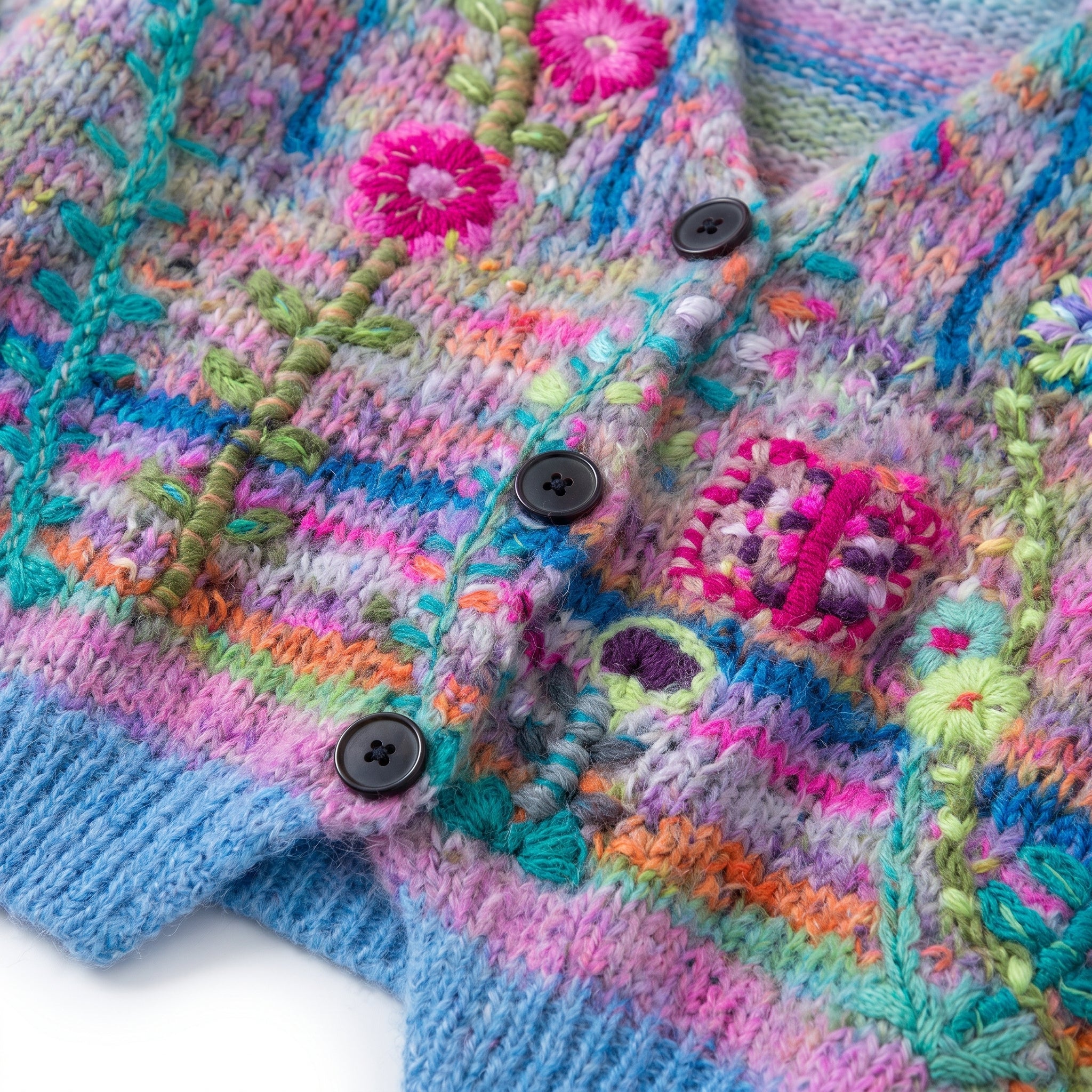 Women's Knit Cardigan V-Neck Button-Down Multicolor Floral Embroidered - detail