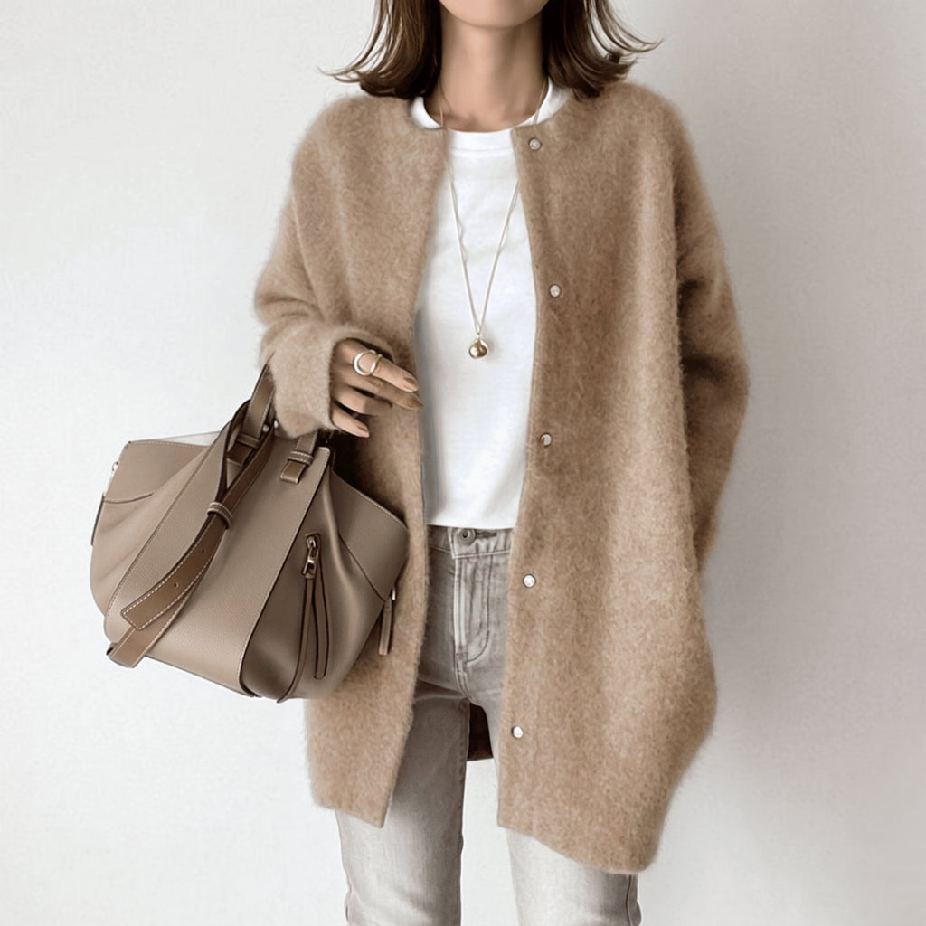 Women's Knit Cardigan Collarless Button-Front Long-Sleeve Button Down - hero