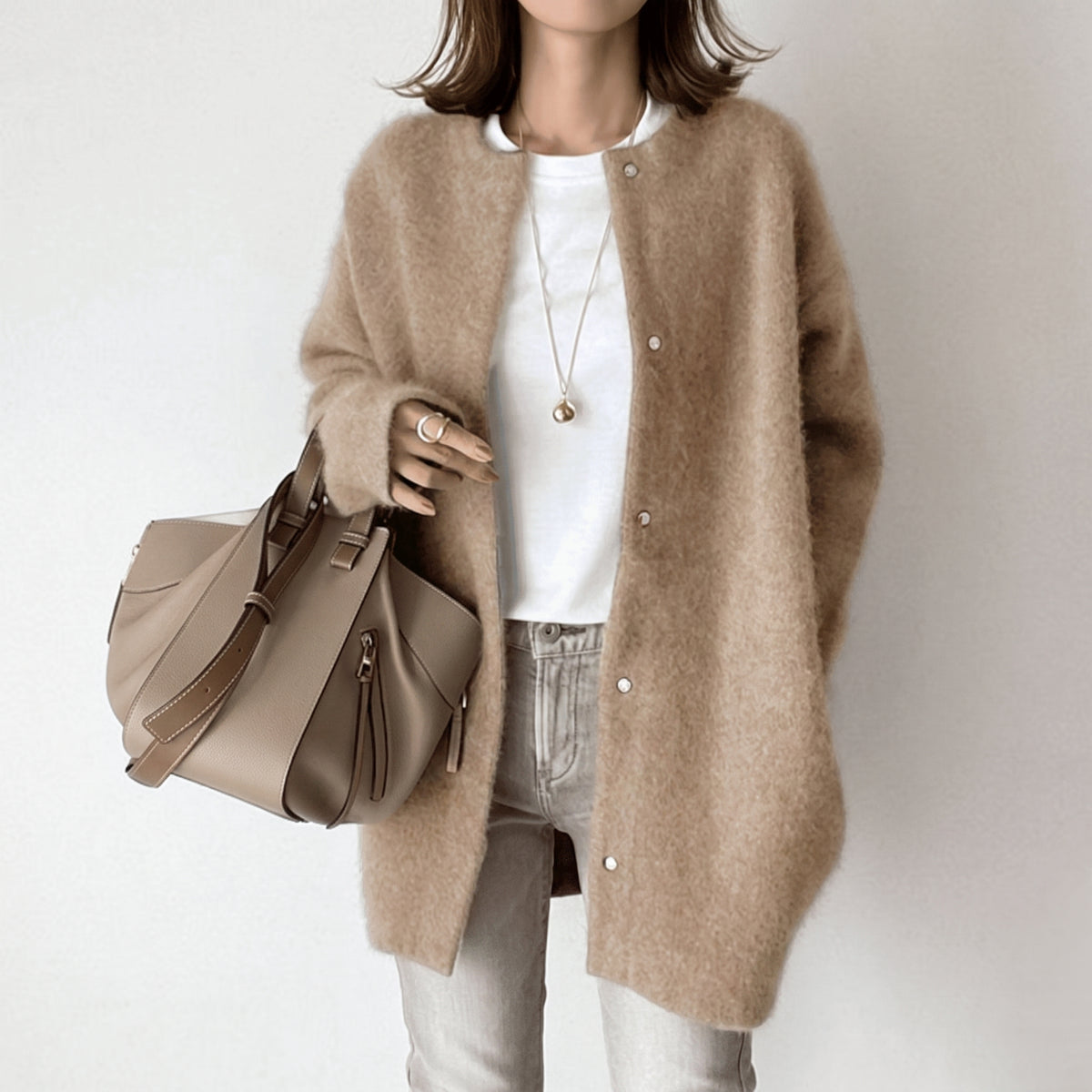 Women's Knit Cardigan Collarless Button-Front Long-Sleeve Button Down - hero