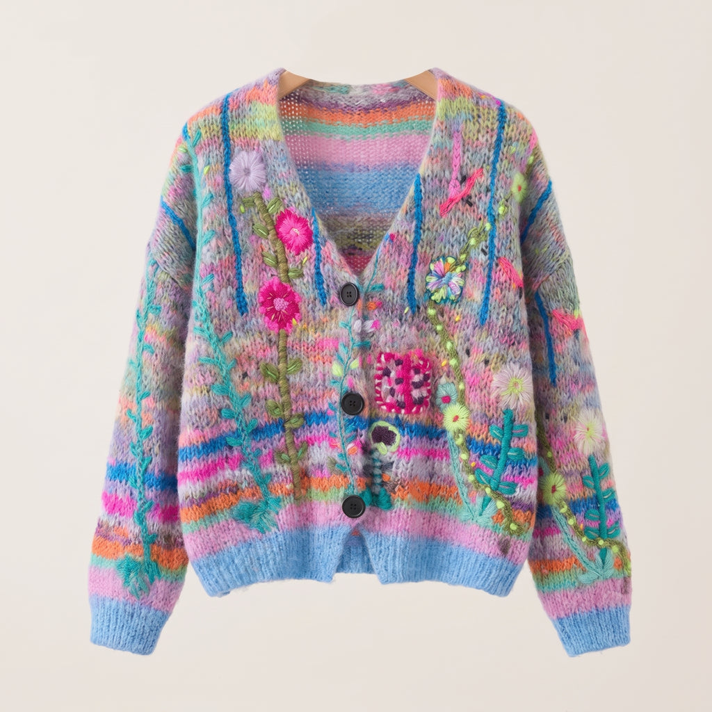 Women's Knit Cardigan V-Neck Button-Down Multicolor Floral Embroidered - hero