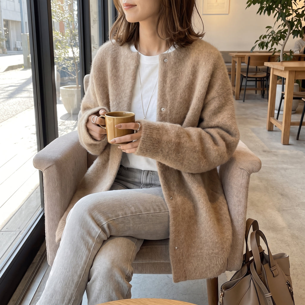 Women's Knit Cardigan Collarless Button-Front Long-Sleeve Button Down - in-use