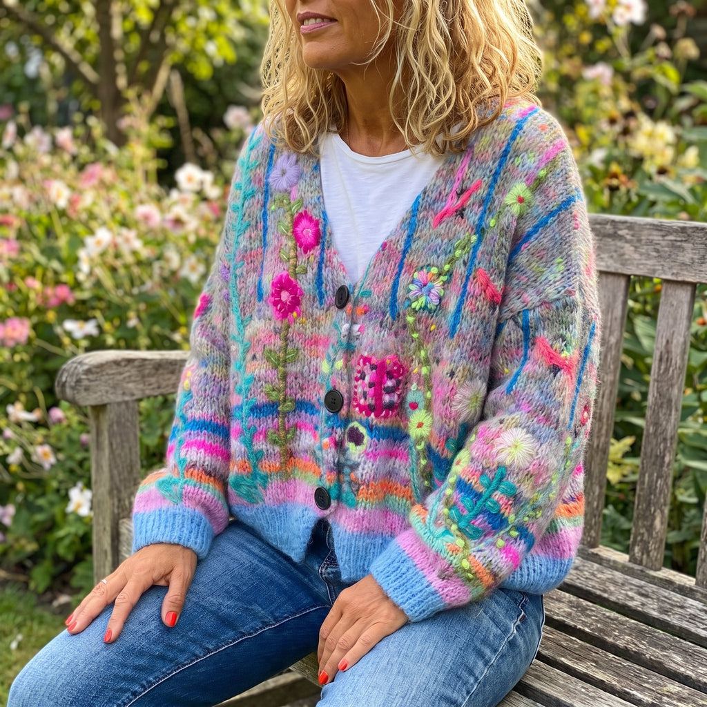 Women's Knit Cardigan V-Neck Button-Down Multicolor Floral Embroidered - in-use