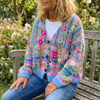 Women's Knit Cardigan V-Neck Button-Down Multicolor Floral Embroidered - in-use