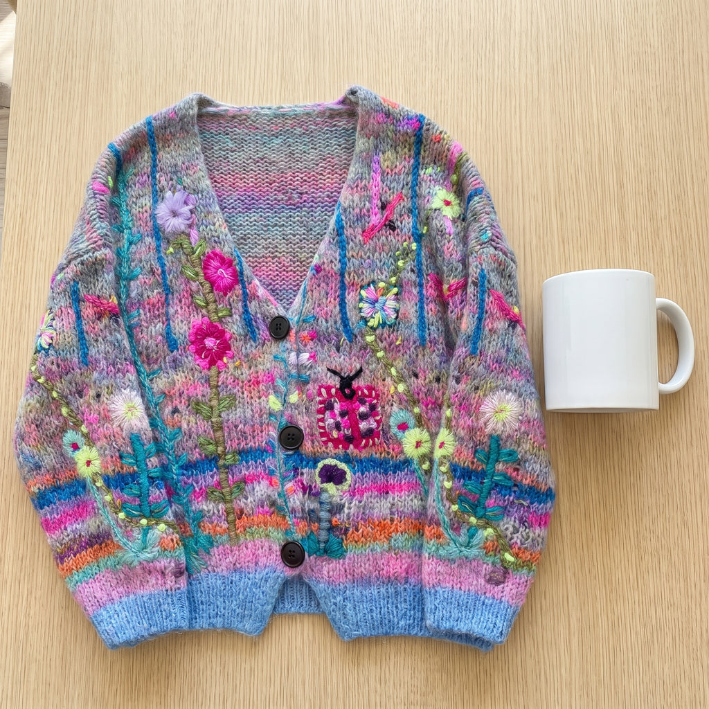 Women's Knit Cardigan V-Neck Button-Down Multicolor Floral Embroidered - scale
