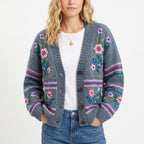 Women's Knit Cardigan V-Neck Button-Down Multicolor Floral Embroidered - studio