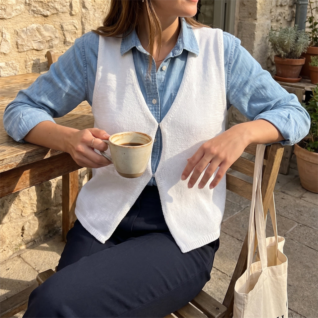 Women's Knit Vest Top With V-Neck And Closure For Fabric - in-use