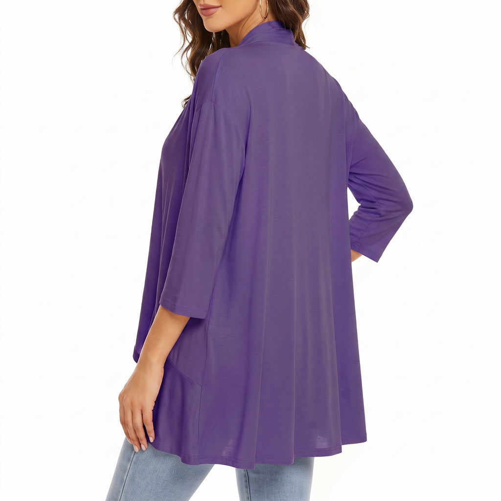 Women's Open Cardigan Relaxed Fit Three-Quarter Sleeve Draped Front - angle