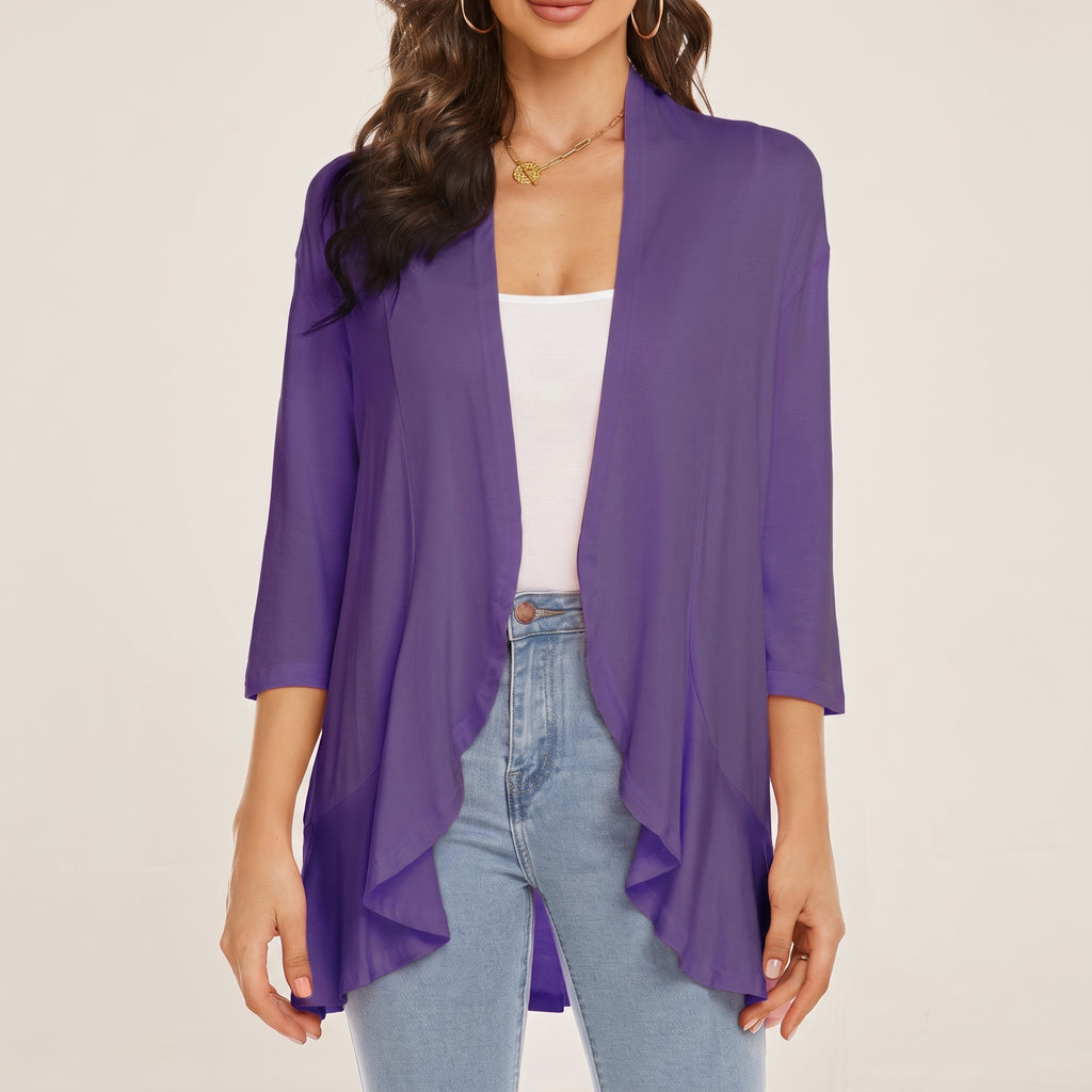 Women's Open Cardigan Relaxed Fit Three-Quarter Sleeve Draped Front - hero