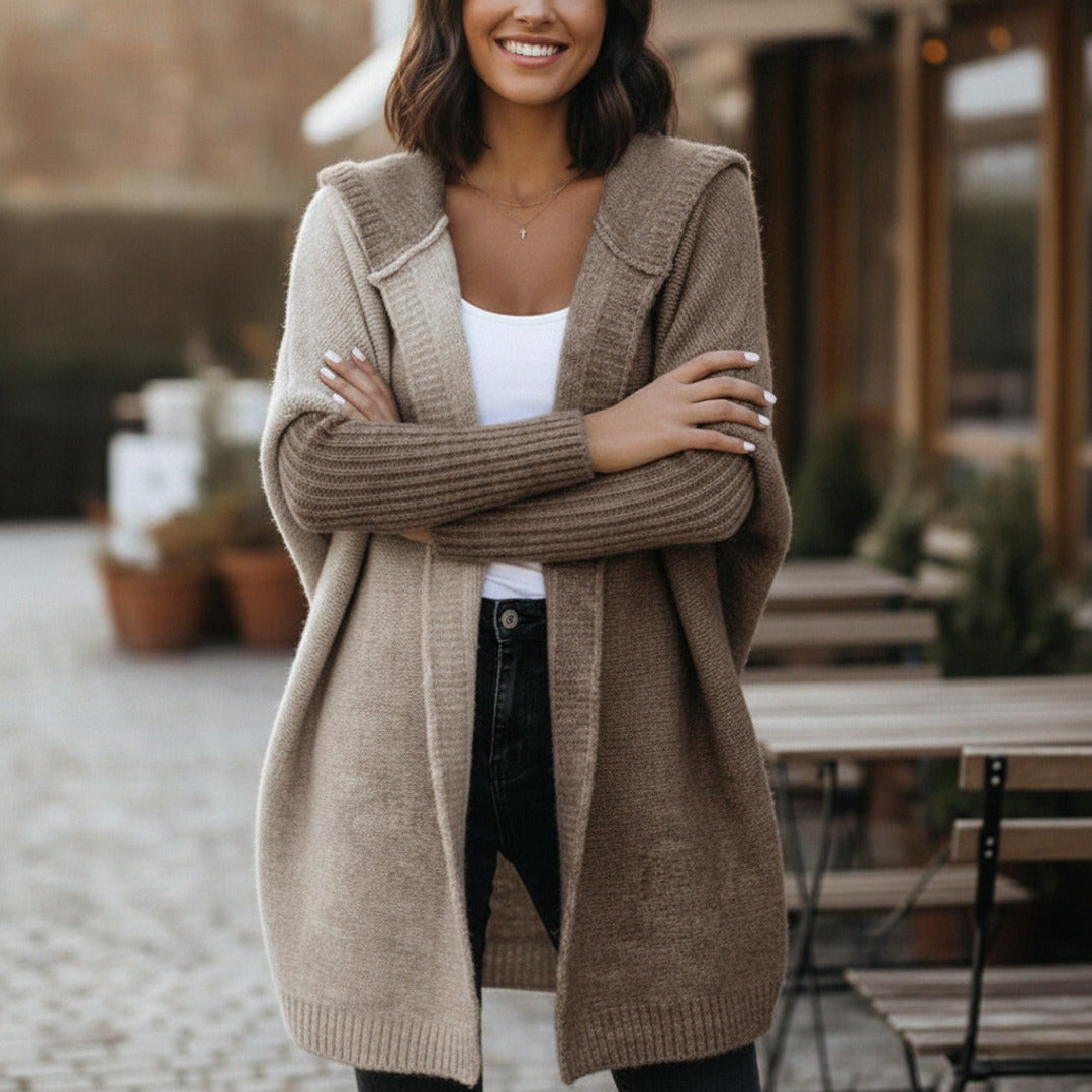 Women's Cardigan Hooded Knit Longline With Relaxed Silhouette - in-use