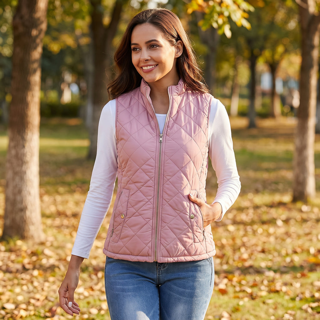 Women's Quilted Vest Zip Up With Stand Collar And Pockets - hero