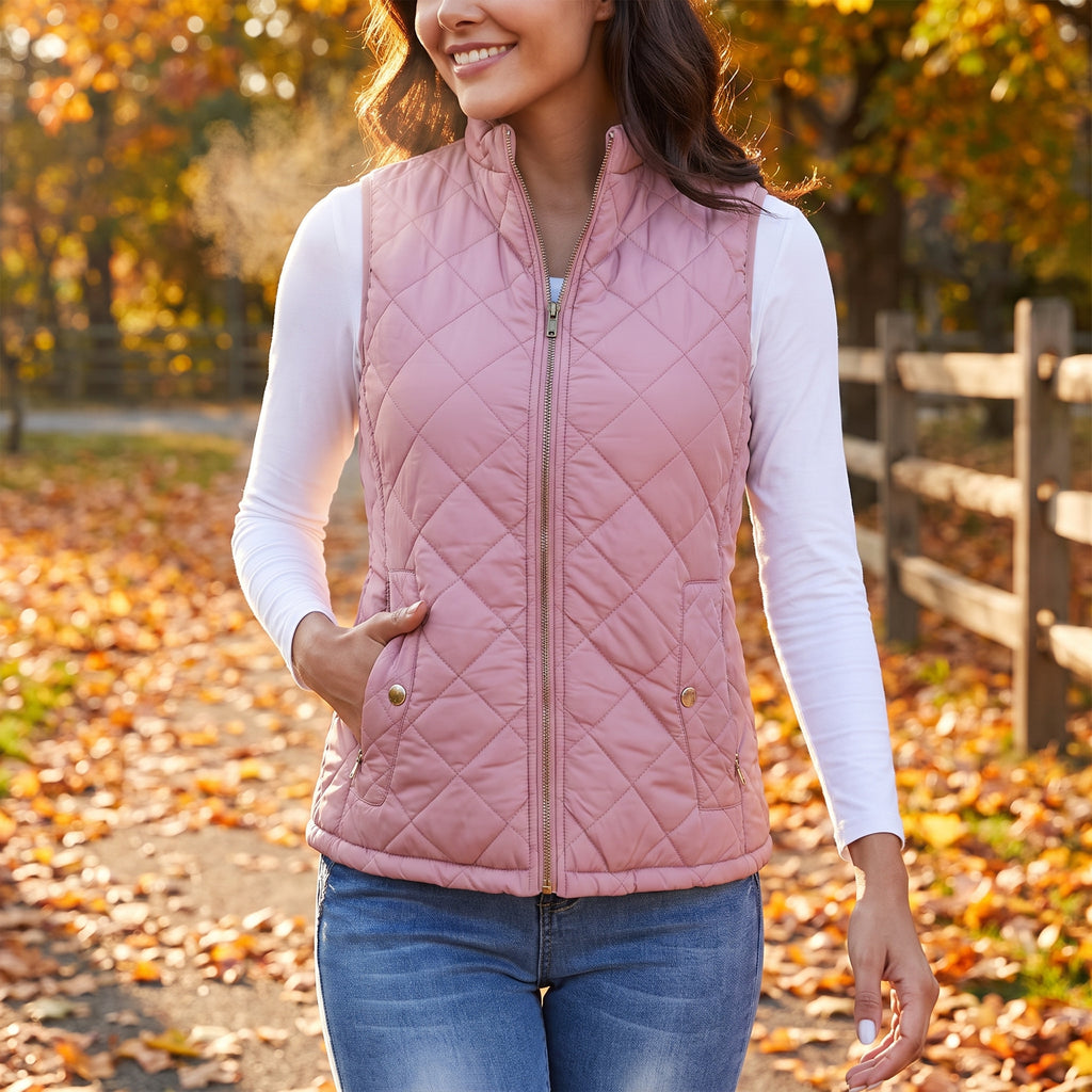 Women's Quilted Vest Zip Up With Stand Collar And Pockets - in-use