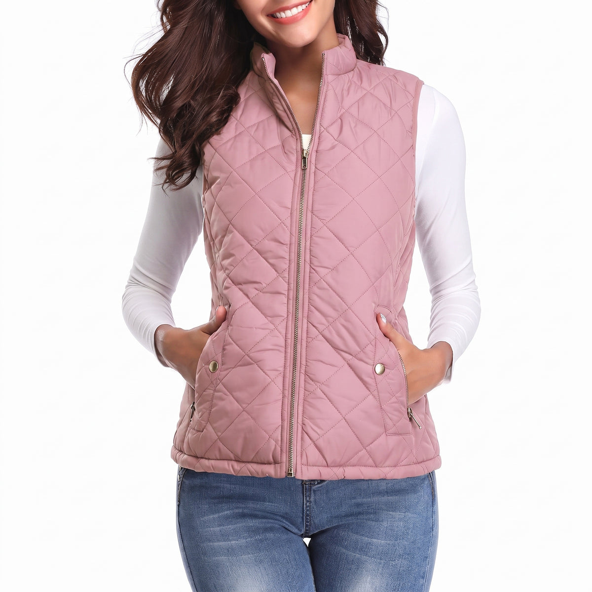 Women's Quilted Vest Zip Up With Stand Collar And Pockets - studio