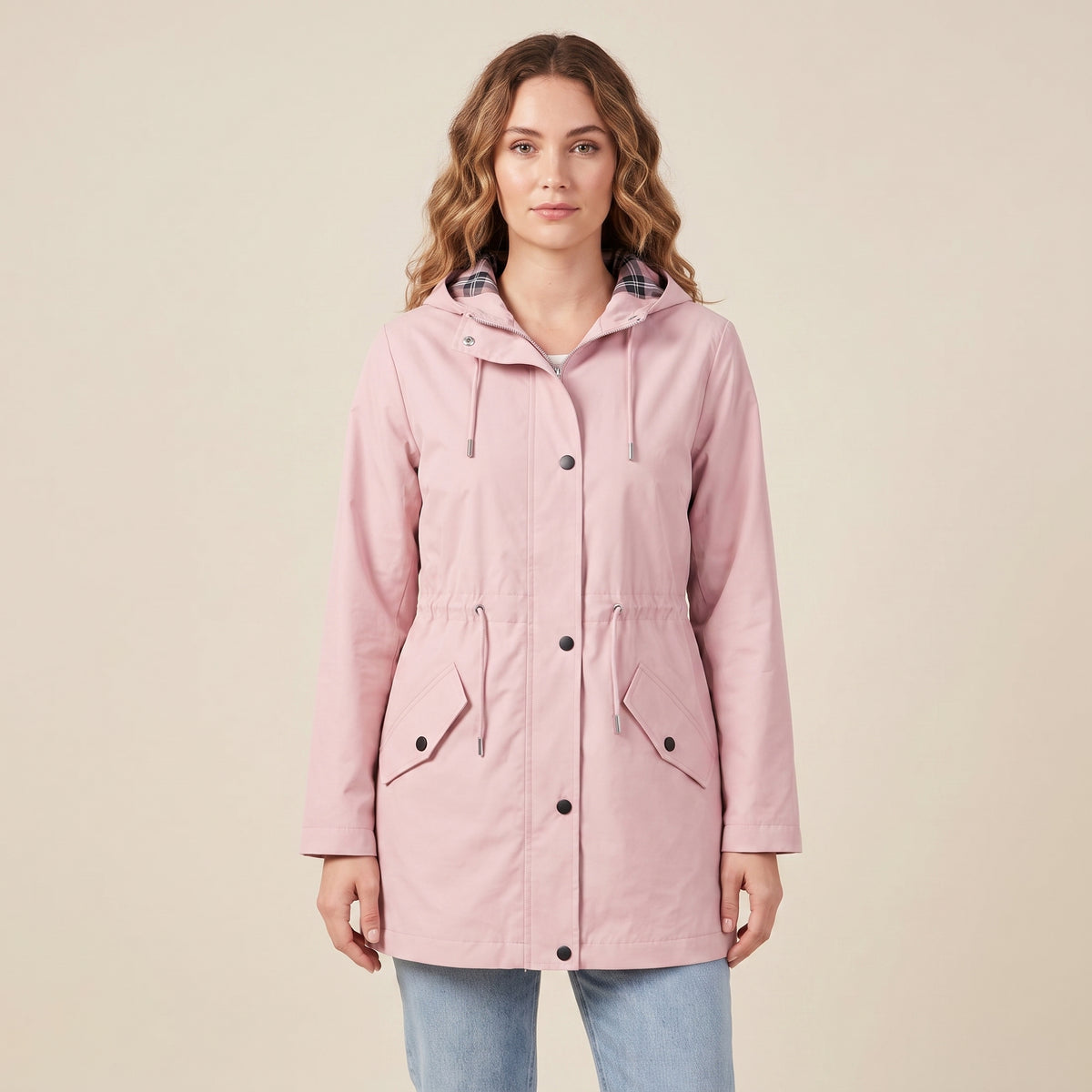 Women's Rain Jacket Adjustable Mid-Length Parka Button-Front - hero