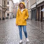 Women's Rain Jacket Waterproof Hip-Length Coat Button-Front - in-use